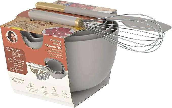 14 Piece Mixing Bowl and Measuring Set, Nesting Kitchen Prep Set with Measuring Cups Spoons Whisk Spatula, BPA Free Dishwasher Safe Baking Set (Porcini Taupe)