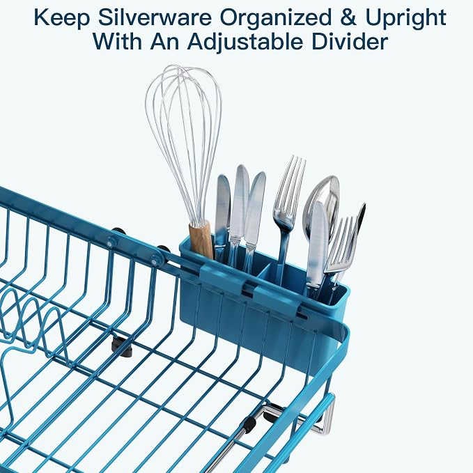 Blue Dish Drying Rack Over The Sink with Utensil Holder, Mat | Expandable Stainless Steel Dish Drainer for Small Kitchen, Apartment, RV, Counter Space Saving, Perfect Fit, Rustproof