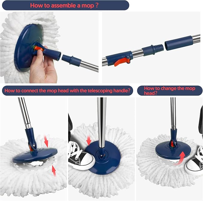 Spin Mop and Bucket with Wringer Set, 360° Rotating Microfiber Mop, Adjustable Handle, Hands-Free Wringing, Reusable Mop Heads (Red mop and Bucket + 5 mop Head)