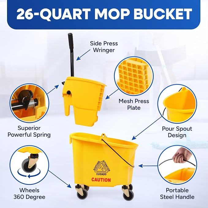 PLASTIC PRINCE Commercial Mop Bucket with Wringer on Wheels, Heavy Duty Industrial Mop Bucket and Wringer for Home Office Restaurant Business, 26 Quart - Yellow
