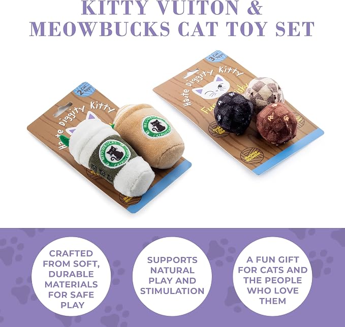 Haute Diggity Kitty Vuiton Checker Balls + Meowbucks Catpuccino Set, Plush Cat Toys Catnip Filled with Interactive Crackle Sound, Safe & Durable Toys for Cat & Kitten, 5 Pcs