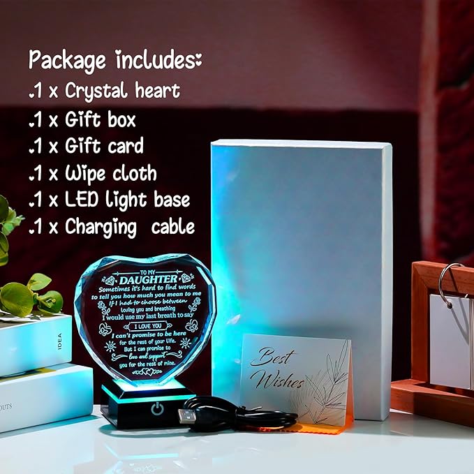 Arikyrist Mothers Day Daughter Gifts from Mom Heart Shaped Crystal Plaque for Daughter with LED Light Base Birthday Graduation Gifts for Daughter Home Decor