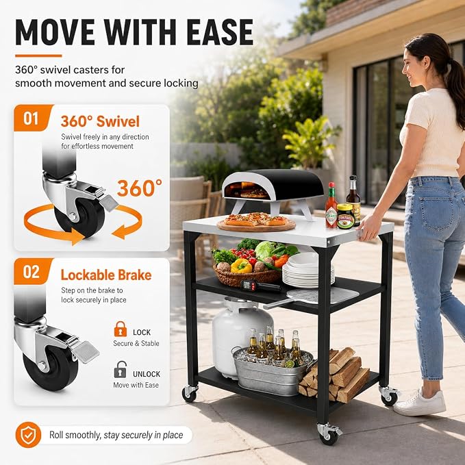 Hisencn 3-Tier Pizza Oven Table, Stainless Steel Outdoor Grill Prep Cart | 32x24 Inch Stainless Steel Grill Table for Pizza Ovens,Blackstone,Cuisinart,Portable Food Station with Hooks&Lockable Wheels