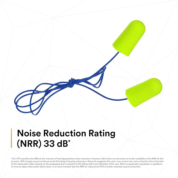3M Ear Plugs, E-A-Rsoft Yellow Neons 311-1251, 200 Pair of Disposable Earplugs, Pairs Individually Wrapped, Slightly Longer, Corded, 33 NRR, Tapered Cylinder Shape, Slow Recovery Foam