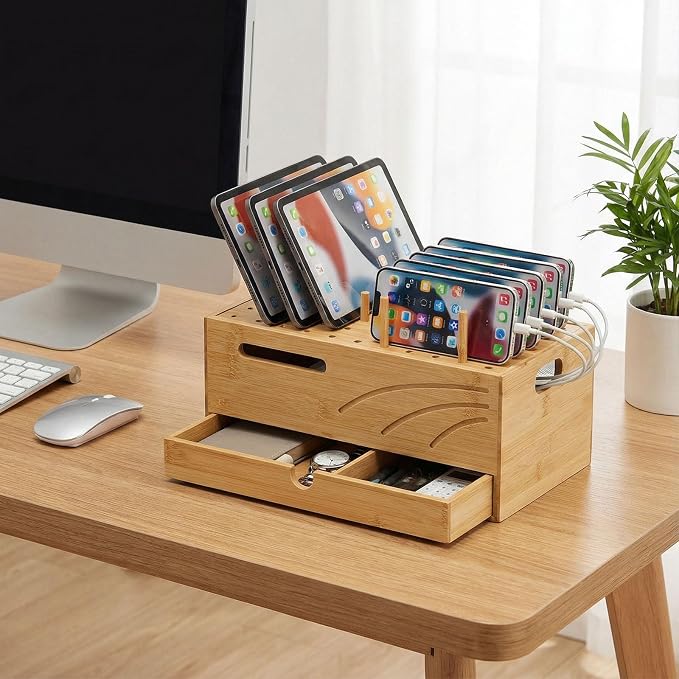 Homde Bamboo Charging Station Organizer: 2 Layer Charger Holder with Drawer for Office Home - Electronic Docking Stand for Multiple Devices, Tablets, Phones