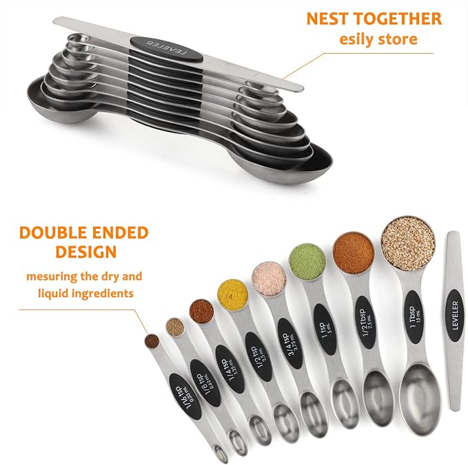 Measuring Cups and Spoons Set Stainless Steel Measuring Cups Double Sided Stackable Magnetic Measuring (Black)