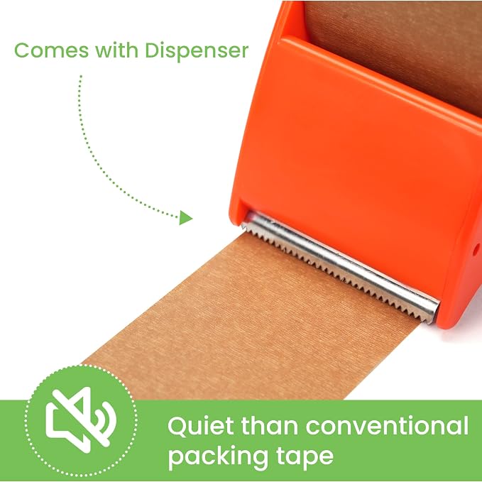 TAPEBEAR Eco-Friendly Kraft Paper Tape with Dispenser, Biodegradable Heavy Duty Packing Tape 2Inch x 55Yard, Recyclable Packaging Tape Self Adhesive Box Tape for Shipping, Sealing, Moving, 6Rolls