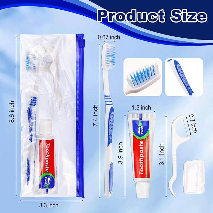 Disposable Toothbrushes with Toothpaste Individually Wrapped,Travel Kit with Plastic Zip Bag,Toothbrush Head Cover, Floss Pick,25gram Toothpaste,Bulk Toothbrush for Homeless,Travel,Hotel(100)