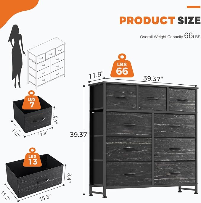 Sweetcrispy 9 Drawer Fabric Dresser Storage Tower with Wood Top and Steel Frame, Organizer Chest with Easy Pull Handles for Bedroom, Closet, Hallway,Black Wood Grain