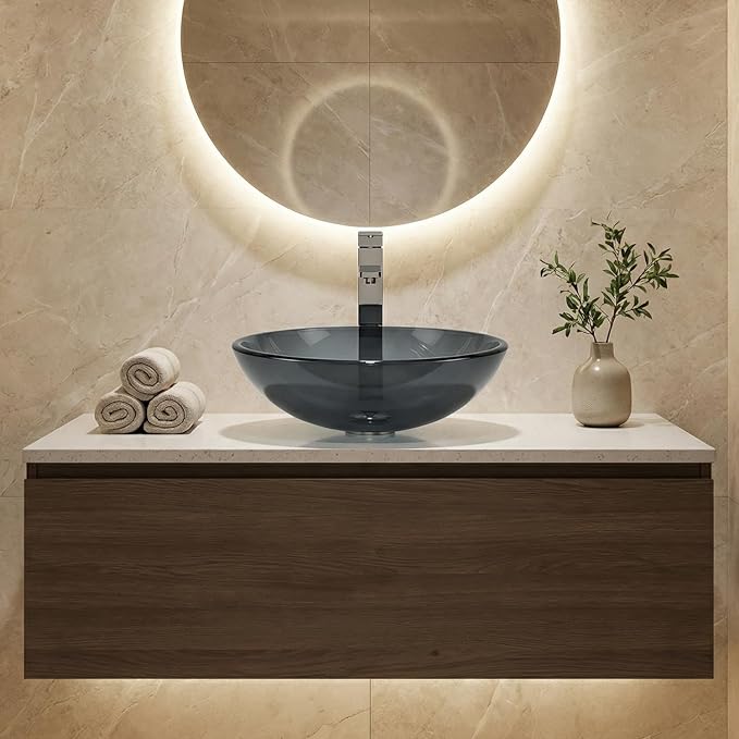 Bathroom Vessel Sink, Tempered Glass Vanity Round Bowl, Bluish Grey | Chrome Faucet, Pop Up Drain, Above Counter, Easy Clean