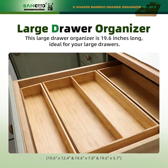 BAMOTTO CRAFTBAMBOO V-Shaped 3-Pack 19.6" Long Bamboo Drawer Organizer Box - Easy Reach Cutlery Tray for Flatware Silverware Utensil, Kitchen & Home Use (19.6"x5.7"/19.6"x7.8"/19.6"x12.4")