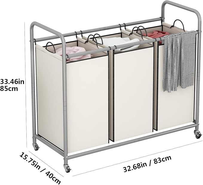 LINZINAR 3 Section Laundry Hamper, Beige Laundry Basket 135L Laundry Sorter | Laundry Room Organization with Heavy Duty Rolling Lockable Wheels and Removable Bag, Bedroom Laundry Cart for Clothes Storage