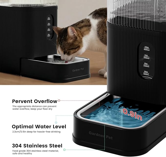 Gardner Pet 2.9 Gallon Automatic Dog Water Bowl Dispenser 11L Gravity Water Feeder with Stainless Steel Bowl & Maifan Stone Filter, BPA-Free for for Cats and Dogs (Black, 2.9 Gallon)