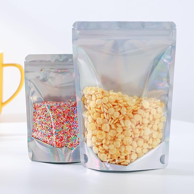 150 Pcs Mylar Bags for Food Storage, 4x6 Mylar Bag with Window Stand Up, Small Holographic Resealable Bags Smell Proof Bag Food Packaging for Small Business Freeze Dried Candy Jewelry Foil Packaging