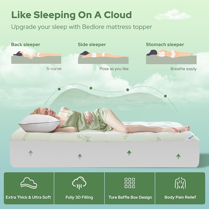 BEDLORE Twin XL Mattress Topper Viscose Derived from Bamboo, Thick Pillow Top Mattress Pad with Deep Pockets for 6-15 inches Mattress, Soft Mattress Topper College Dorm Size for Back Pain