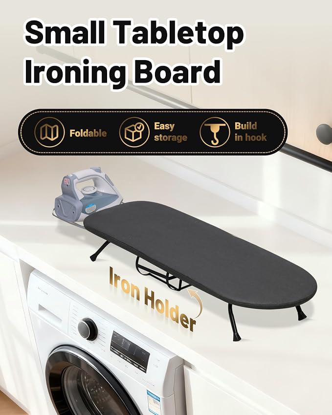 ZOES HOMEWARE Metal Mesh Panel Tabletop Ironing Board with Iron Holder & Rest, Small Tabletop Ironing Board, Compact Mini Iron Board with 8mm Thicken 100% Cotton Pad