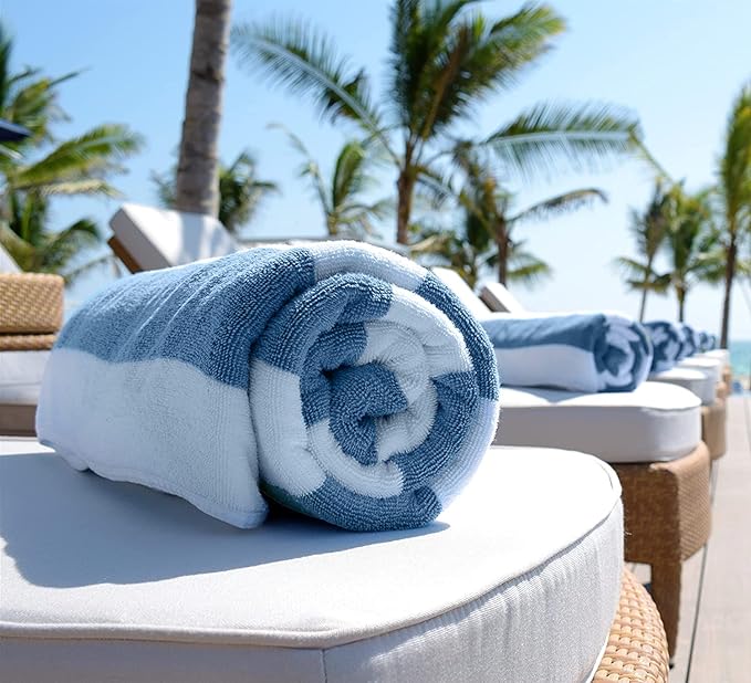 White Classic Beach Towels Oversized Cabana Stripe Cotton Bath Towel Large - Luxury Plush Thick Hotel Swim Pool Towels for Adults Super Absorbent Quick Dry - 35x70 Light Blue [2 Pack]