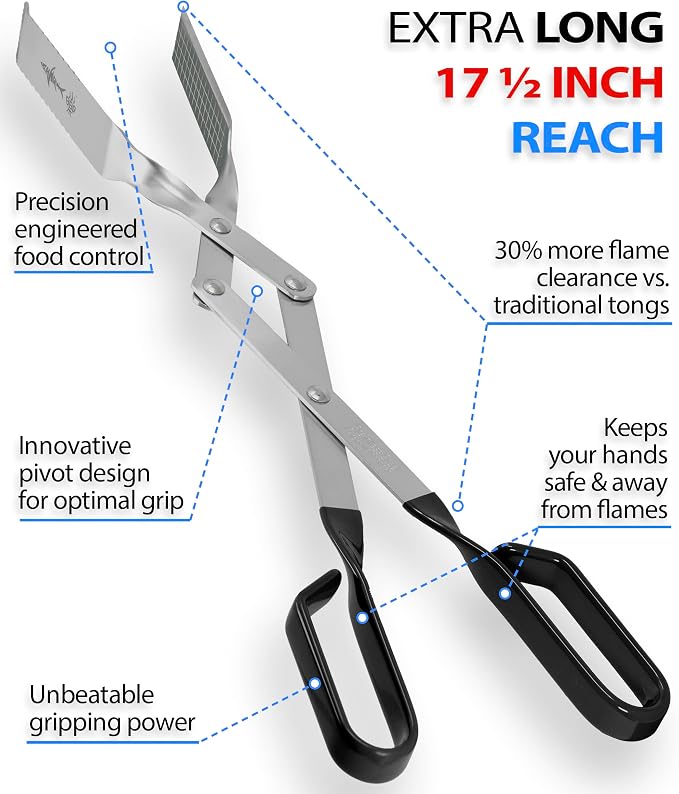 Tongs for Steaks, 2-Pack 17" & 13" Professional Kitchen and Outdoor Grilling Utensil Set, by Shark BBQ Grill Tongs -(Black)