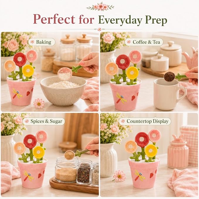 Flower Pot Ceramic Measuring Spoon Set, 5PCS Cute Spoons Cups with Base, Polygons Pink Decorative Teaspoon in Pot Holder, Unique Baking Supplies Gifts, Kitchen Cooking Stuff Gadgets Women(2*Blue)