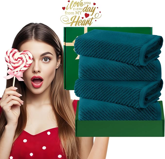 VOOVA & MOVAS Hand Towels 4PC, 100% Cotton, 18x28 in, Deep Turquoise | Thick, Quick Dry, Soft, Absorbent, Bathroom Essentials, Perfect For Shower, Spa, Daily Household