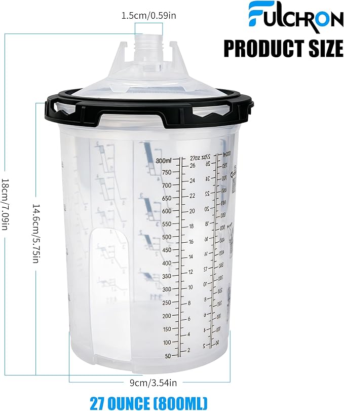Disposable Paint Cups For Spray Gun, 27oz 125-Micron Mixing Cup With Lids | Fulchron 50PCS Paint Cup Liners with Lids, 2 Hard Cups & Adapters, Ideal for HVLP/LVLP Spray Gun 360° Spray & Less Cleanup