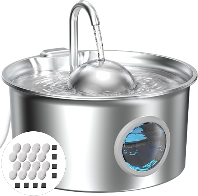 Pet Water Fountain Stainless Steel: 8 Filters + 8 Sponges Cat Fountains for Drinking - Metal Pet Fountain - Running PetFountain Filtered - DCTROD 88oz/2.6L Faucet Pet Bowl Dispenser Fountains