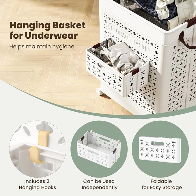 Giantex Collapsible Laundry Basket with Wheels, 75L Plastic Laundry Hamper | Foldable Dirty Clothes Hamper with Underwear Basket&Handles for Bathroom, Bedroom, Dorm Room&Laundry Room