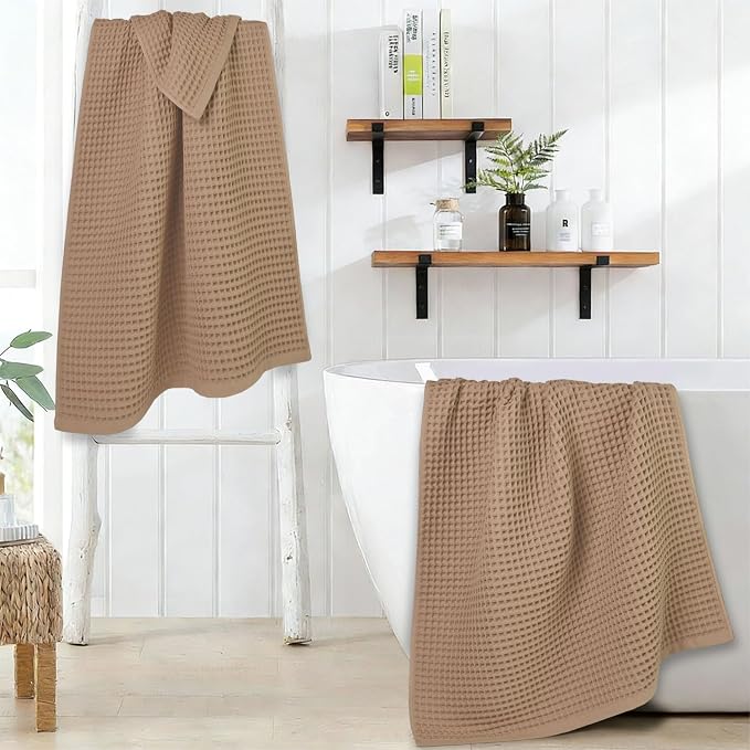 Jacquotha Waffle Bath Towels 2-Piece (Tan) - Cotton, Soft, Lightweight | 31” x 62” Large Bath Towel for Bathroom, Shower, Spa, Beach