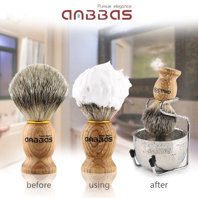 Anbbas Badger Hair Shaving Brush with Wooden Handle Stainless Steel Shaving Stand and Shaving Soap Bowl for Men Wet Shave