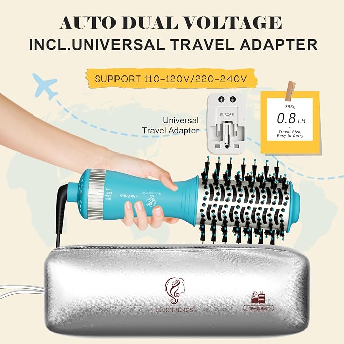 Travel Size Mini Hot Air Dryer Straightener & Curler Brush, Dual Voltage 2-Inch Nano Titanium Blowout Styler Volumizer Tool, European Blow Dryer Brush with Universal Adapter
