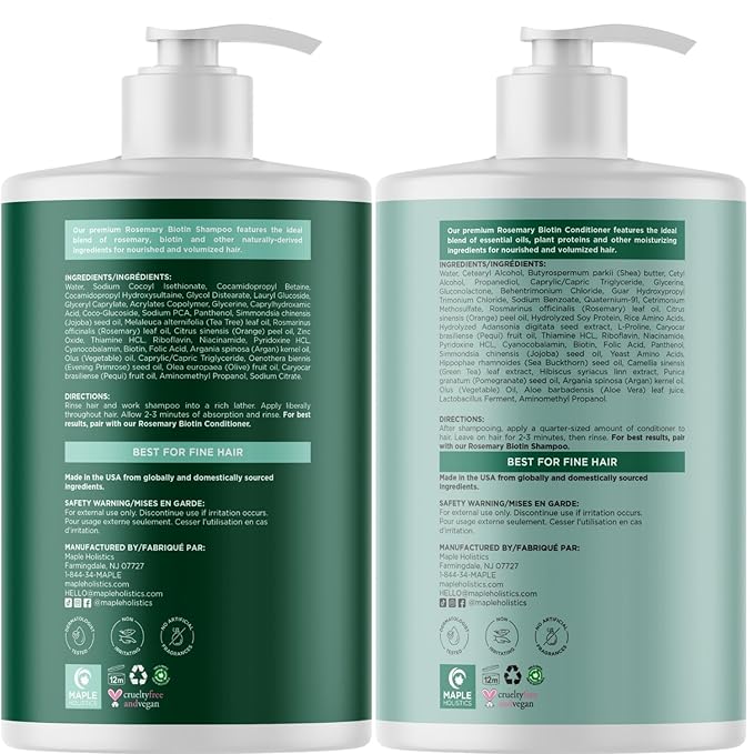 Volumizing Biotin Shampoo and Conditioner Set - Rosemary Shampoo and Conditioner for Thinning Hair Care with Tea Tree & Coconut Oil - Color Safe - Paraben Silicone & Sulfate Free (32 Fl Oz Each)