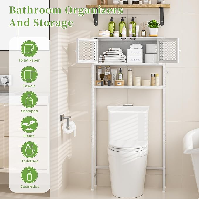 ThreeHio Over the Toilet Storage Cabinet with Doors, Bathroom Organizer Shelf Above Toilet, Bathroom Storage Cabinet Over Toilet, Freestanding Space Saver Metal Shelves for Small Space, White