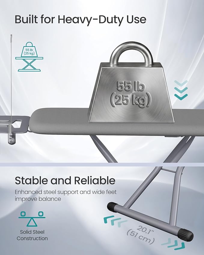 SONGMICS Folding Ironing Board Extra Wide, 18x49, 7-Level Adjustable Height Iron Board with Iron Rest, Cord Holder, Storage Rack, Steel, for Laundry Room, Gray, Borix Collection ULLB010GD01S