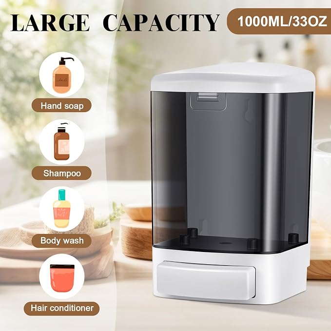 Hushee 6 Pcs Plastic Wall Mounted Soap Dispenser Commercial Manual Soap Dispenser Containers for Kitchen Shower Hotel(Black,33.8 oz 1000 ml)