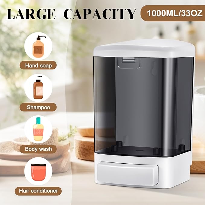 Hushee 8 Pcs Plastic Wall Mounted Soap Dispenser Commercial Manual Soap Containers Wall Dispenser for Kitchen Shower Hotel Liquid Shampoo Gel Chamber (33.8 oz 1000 ml,Black)