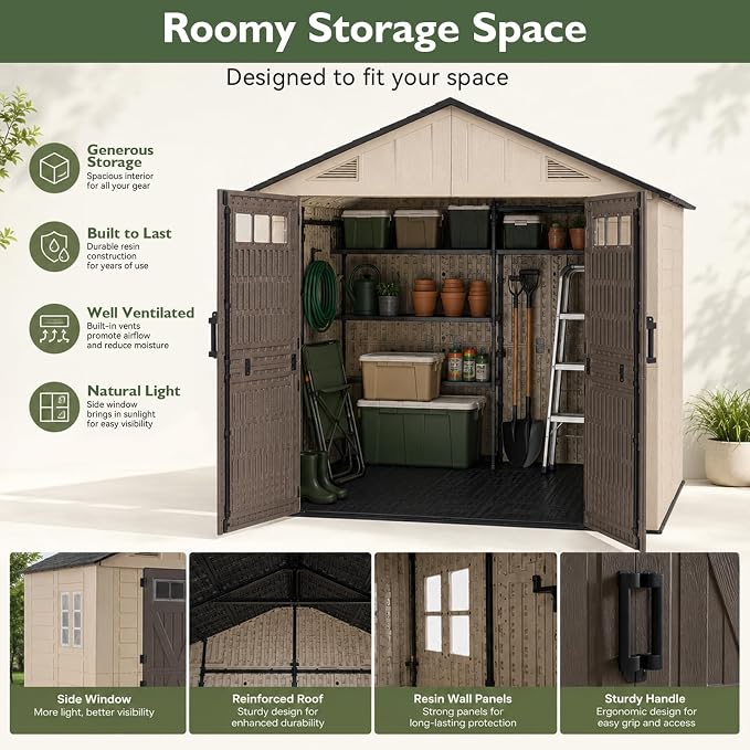 Aoxun 8x6 Ft Outdoor Storage Shed with Lighe & Floor, Large Resin Outdoor Shed with Lockable Door & Windows, Garden HDPE Sheds for Lawn Tools, Pool Supplies & Bikes