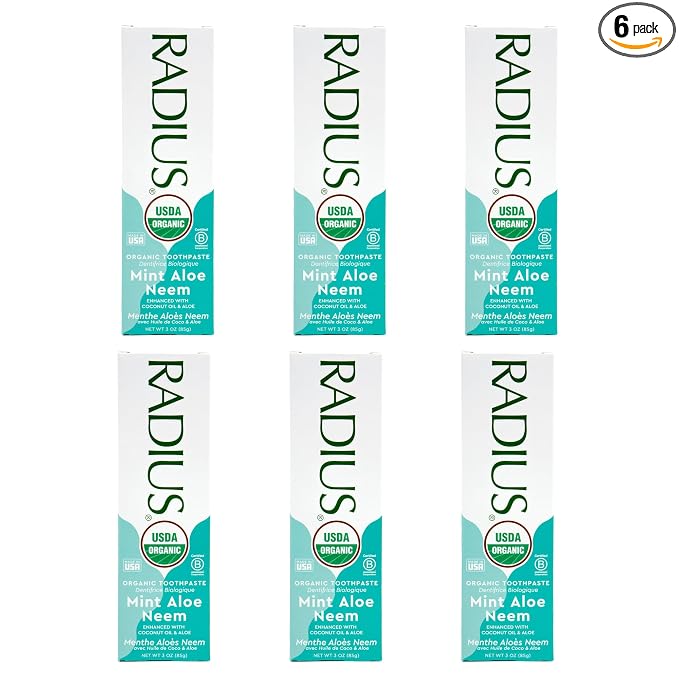 RADIUS USDA Organic Toothpaste 3oz Non Toxic Chemical-Free Gluten-Free Designed to Improve Gum Health & Prevent Cavity - Mint Aloe Neem - Pack of 6