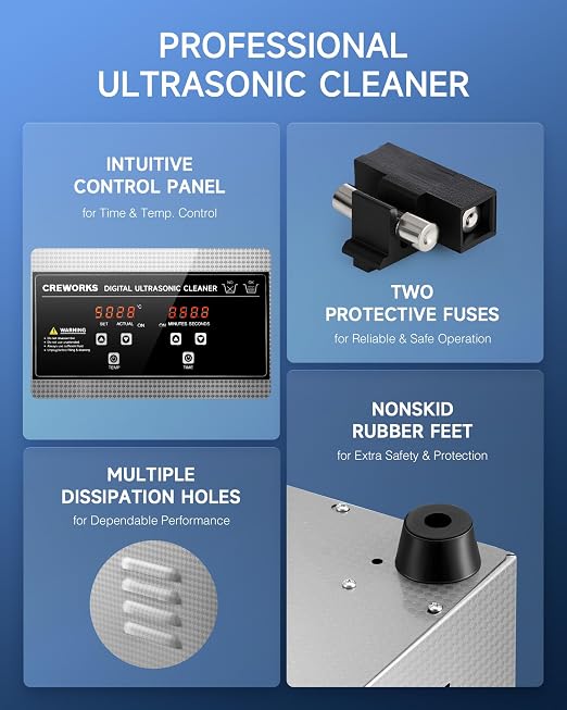 CREWORKS Ultrasound Cleaner with Heater and Timer, 1.6 gal Digital Sonic Cleaning Machine, 180W 6L Stainless Steel Jewelry Cleaner for Professional Tool Glasses Watch Retainer Denture Parts Cleaning