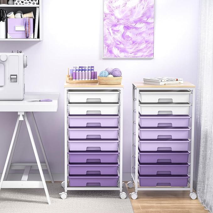 SYKIARIOL Rolling Cart with Drawers,Utility Cart With 8 Drawers and Wooden Tabletop for Living Room,Classroom,Bedroom,Bathroom,Dorm,Office,Purple