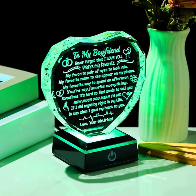 Arikyrist Gifts for Boyfriend Fathers Day Crystal Heart Boyfriend Keepsake with LED Light Base Romantic Anniversary Birthday Gifts for Him Boyfriend Bf from Girlfriend