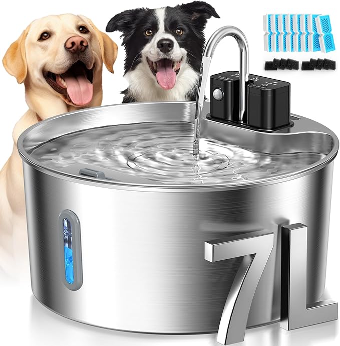 Voluas 7L Wireless Dog Water Fountain with 6 Filters, Stainless Steel | 236oz capacity, 4-layer filtration, ultra-quiet pump, water level window, easy clean for large dogs