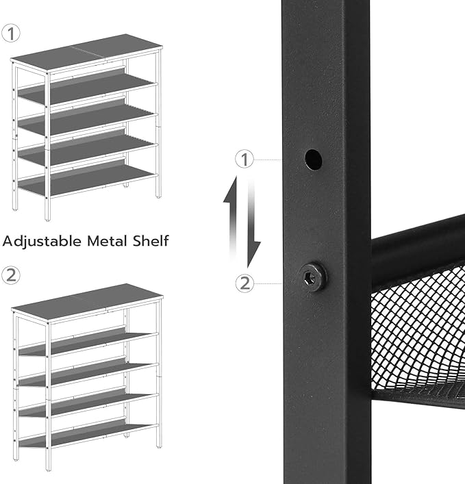HOOBRO Shoe Rack for Entryway, 5-Tier Shoe Organizer with Adjustable Mesh Shelves, 12-16 Pairs of Shoes, Spacious Floor Mount, Metal, Industrial, Shoe Shelf for Closet, Black BB12XJ01
