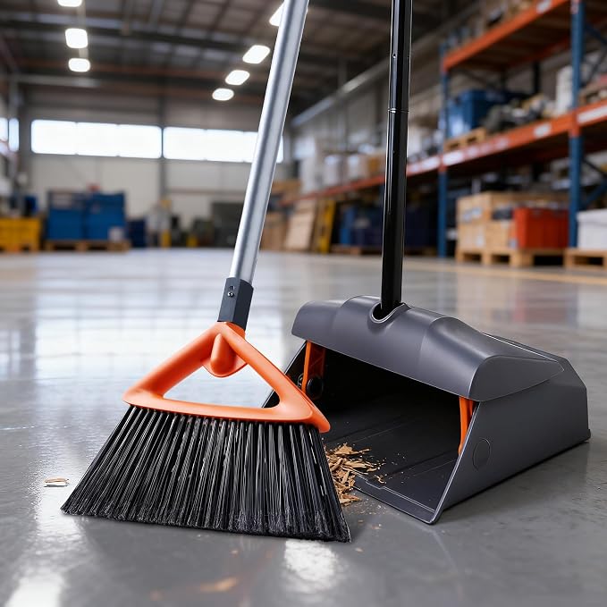 CLEANHOME Heavy Duty Broom with Dustpan Combo Set Indoor and Outdoor Dual Purpose,Stiff Bristle Commercial Angle Broom and Standing Dust Pans with Long Handle for Sweeping Home,Kitchen,Yard,Grey