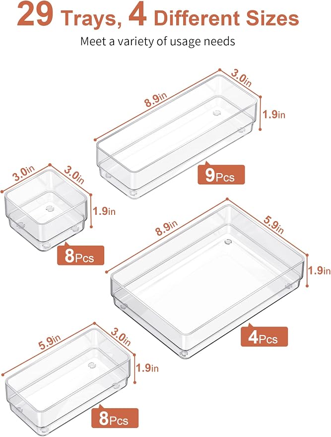SMARTAKE 29-Piece Drawer Organizer with Non-Slip Silicone Pads, 4-Size Desk Drawer Organizer Trays Storage Tray for Makeup, Jewelries, Utensils in Bedroom Dresser, Office and Kitchen (Clear)
