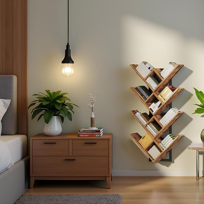 HOOBRO Floating Shelves for Wall, Set of 2 Wall Mounted Shelves, 2-Tier Wooden Tree Bookshelf, Hanging Shelves Storage Rack, for Living Room, Kitchen, Office, Rustic Brown and Black BF54BJP201