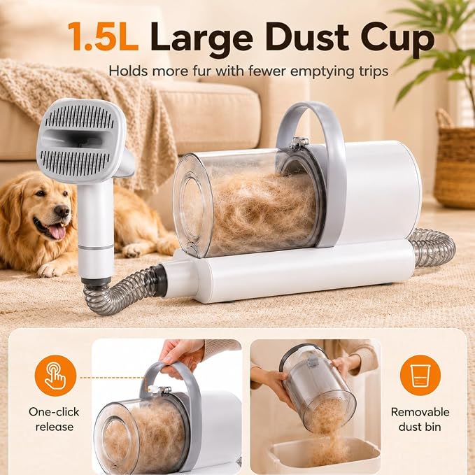 Dog Grooming Vacuum, 12000Pa Powerful with 1.5L Cup 7 in 1 Pet Electric Grooming Vacuum for with Hair Clipper & Shedding Brush, Low Noise, 3 Suction Levels for Thick Hair Cats & Dogs