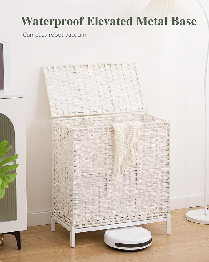 SETVSON Laundry Hamper with Lid, Large 132L Rattan Basket, White | 3-Section Large 35 Gal Clothes Hamper, 3 Removable Bags, Heightened Metal Feet, 6 Mesh Laundry Bags, Steel Frame