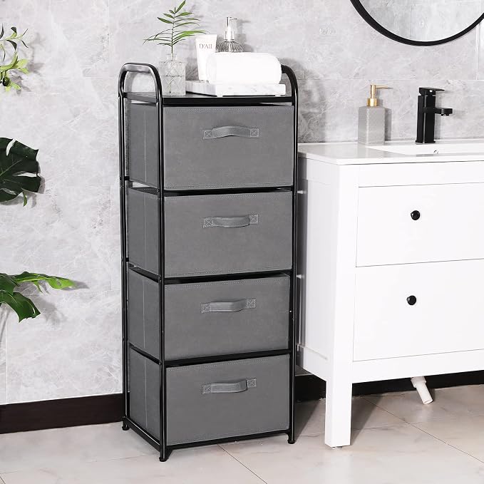 MAX Houser 4 Drawer Fabric Dresser Tall Storage Tower, Dresser Chest with Wood Top, Vertical Nightstand Side Organizer Unit with Metal Frame for Closets Bedroom Nursery Room Hallway(Leaden) | , Dresser Chest with Wood Top, Vertical Nightstand Side Orga...