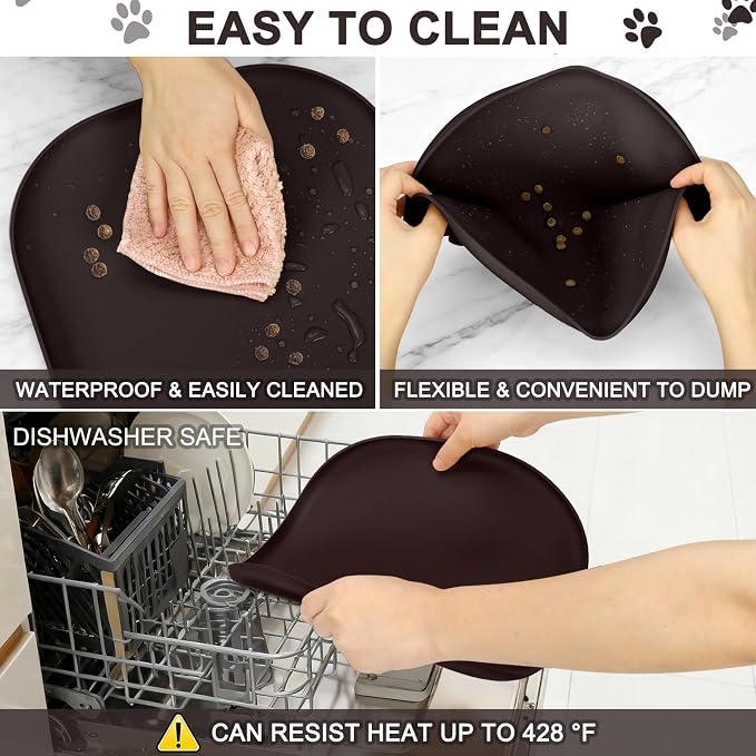 SMILOOL Waterproof Silicone Pet Food Mat with Raised Edge for Dog & Cat | 12" x 12" Non-Slip Small Pet Feeding Mats with Lip for Food & Water Bowl, Food Grade, Easy Cleaning, Dark Brown