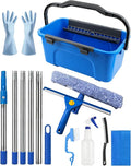 Window Cleaning Kit with Storage Bucket, Squeegee Cleaner Tool with Extension Pole, Glass Cleaning Tools Set with Spray Bottle, Brush, Scrubber, Gap Brush & Gloves for Window Shower Mirror Car